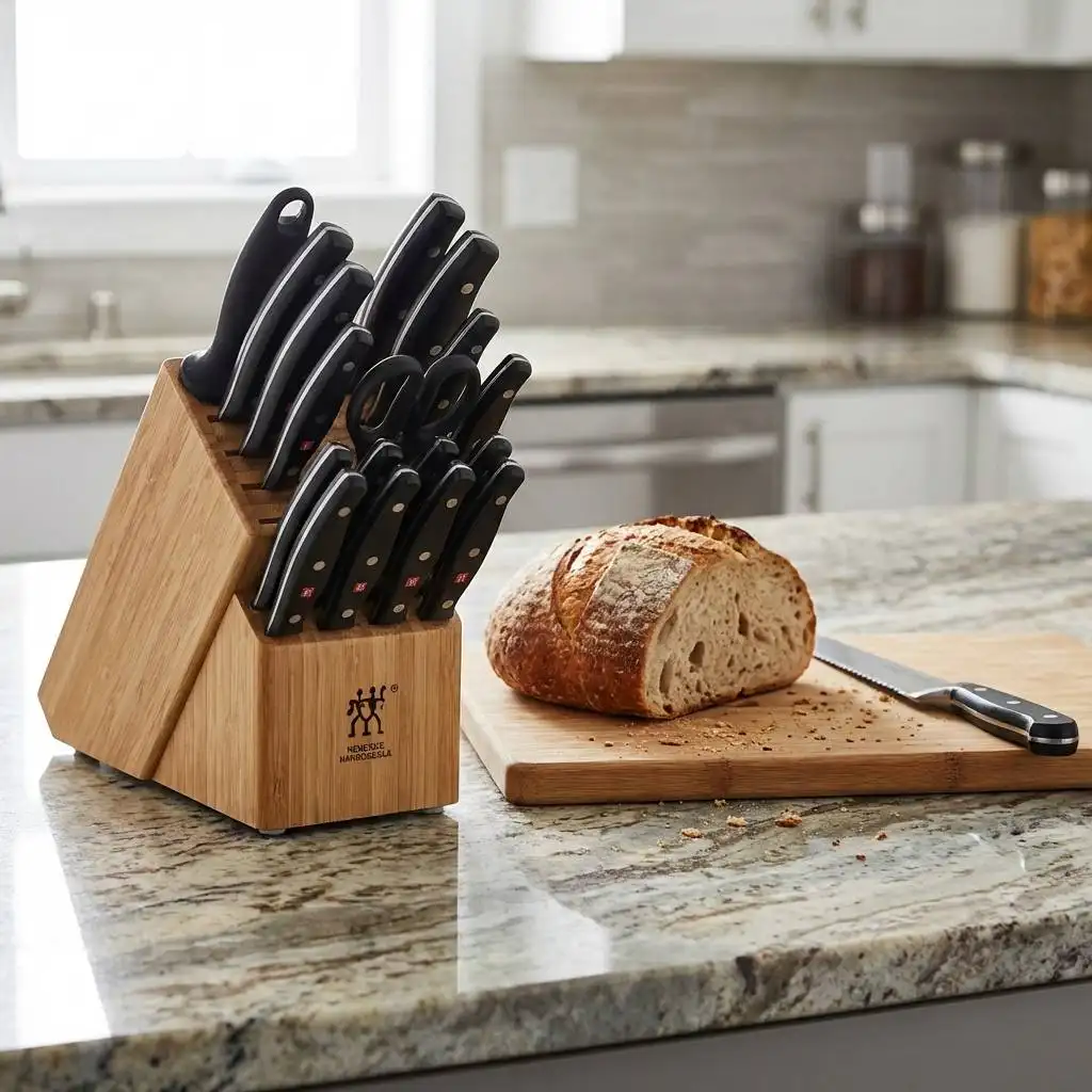 Half-sliced sourdough loaf on a cutting board atop a modern granite kitchen counter.