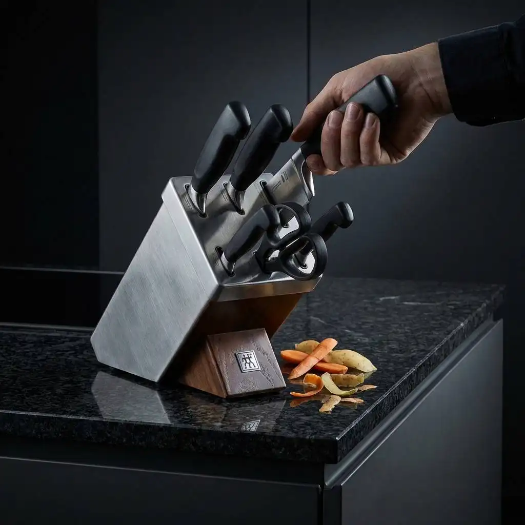 Moody lighting accentuates the grain of an imposing dark granite kitchen island featuring scattered vegetable peelings. Moody lighting accentuates the grain of an imposing dark granite kitchen island featuring scattered vegetable peelings.