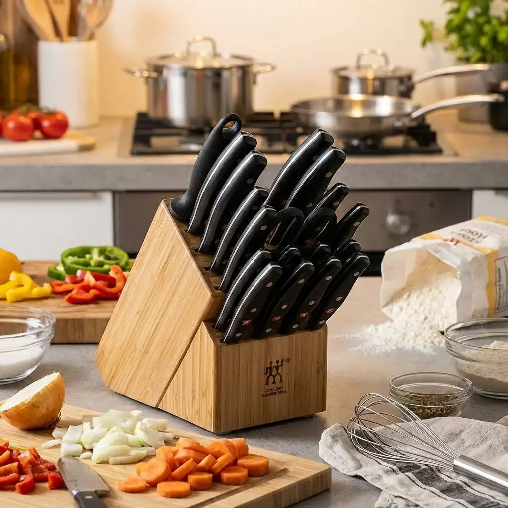 Full knife block with black handles on a cluttered kitchen counter during meal prep with an open bag of flour. Full knife block with black handles on a cluttered kitchen counter during meal prep with an open bag of flour.