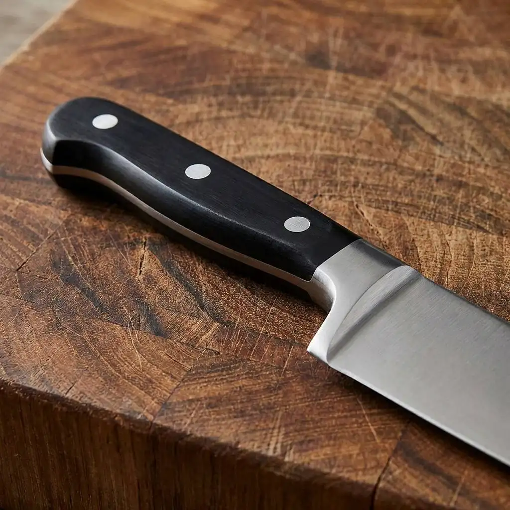 Close-up of a Henckels Couteau chef's knife on a wooden butcher block, highlighting the three-rivet black handle and stamped bolster transition. Close-up of a Henckels Couteau chef's knife on a wooden butcher block, highlighting the three-rivet black handle and stamped bolster transition.