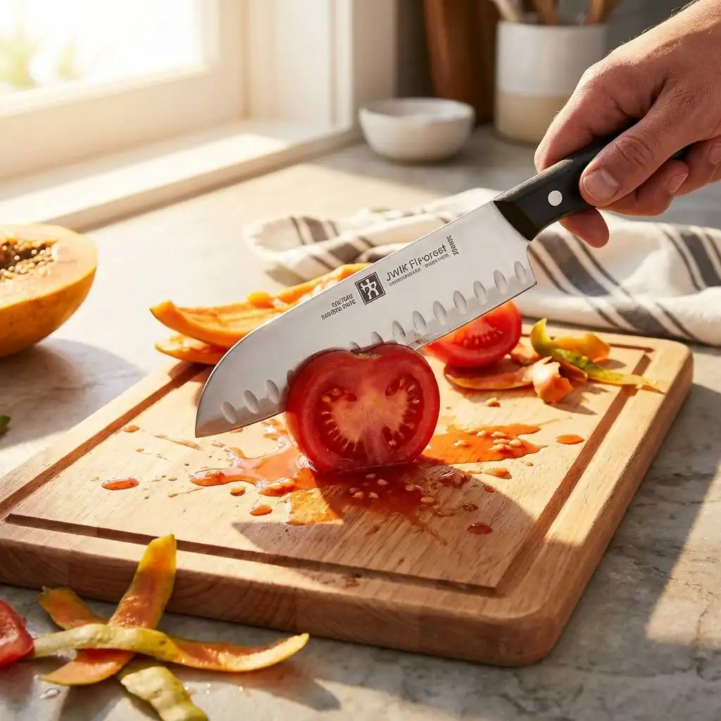 Henckels Couteau Santoku knife slicing through a ripe red tomato on a sunlit kitchen counter. Henckels Couteau Santoku knife slicing through a ripe red tomato on a sunlit kitchen counter.