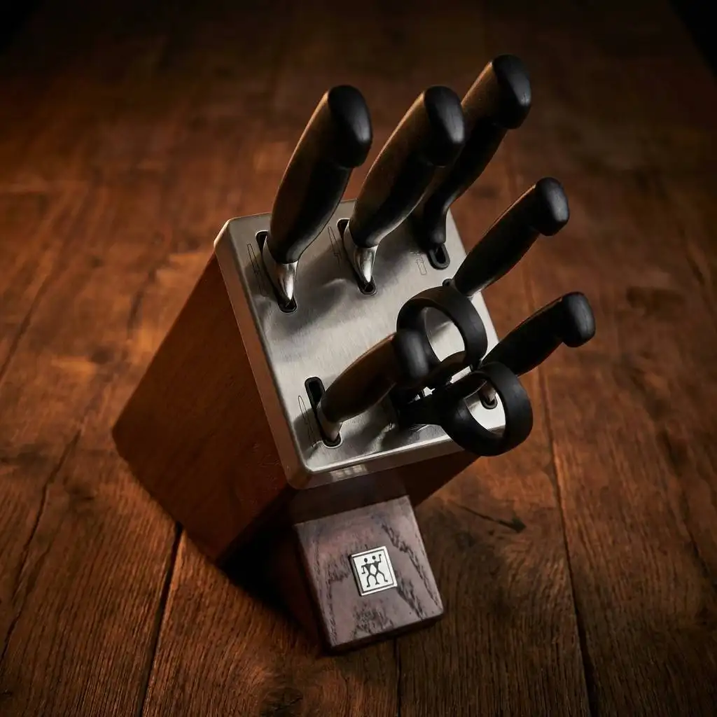 15-piece knife block set with black handles on a rustic oak table in dark, moody lighting.
