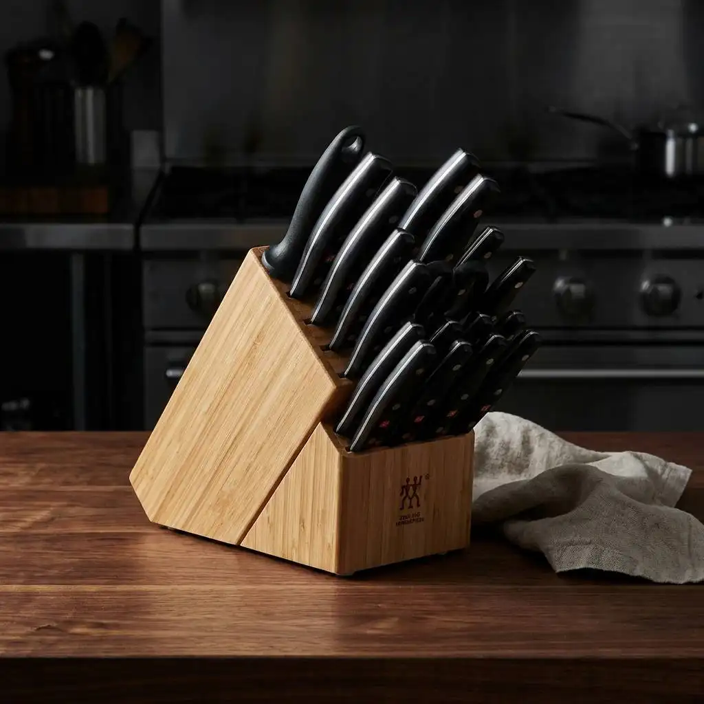Professional walnut knife block with matte black-handled knives and steel rivets on a dimly lit kitchen counter beside a chef's towel.