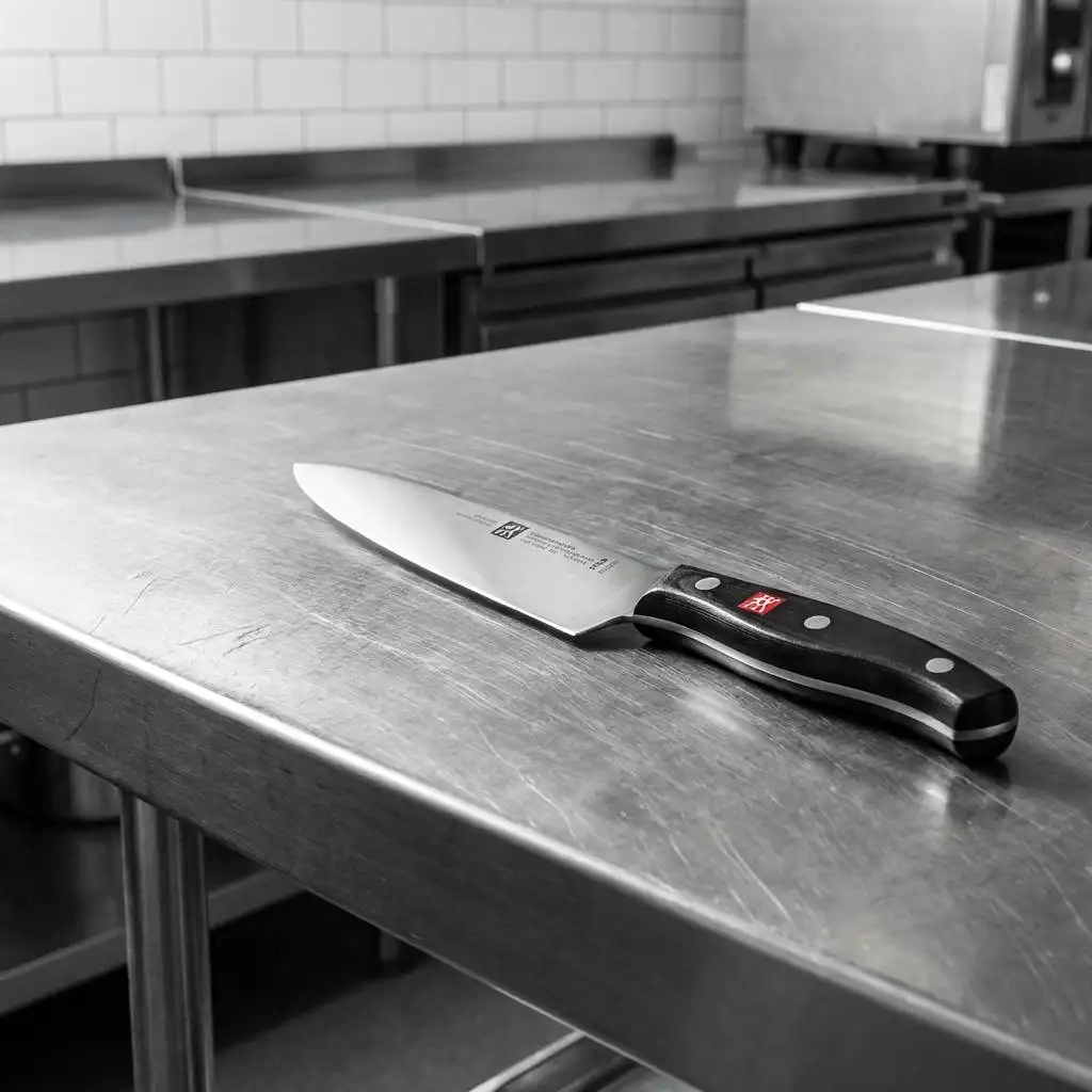 Professional stainless steel kitchen prep table with harsh lighting highlighting the metal grain and handle texture. Professional stainless steel kitchen prep table with harsh lighting highlighting the metal grain and handle texture.