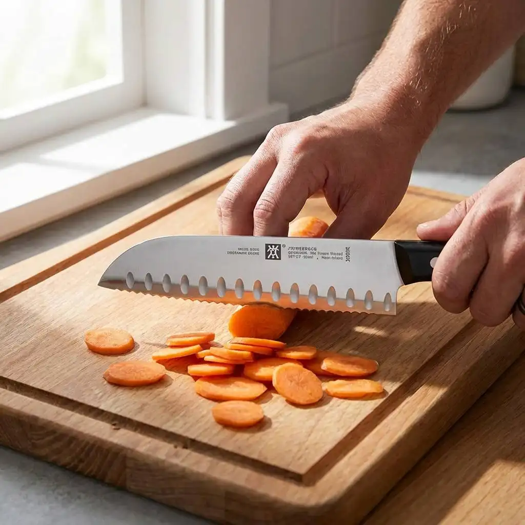 Sliced orange carrots scattered on a wooden cutting board in soft, natural window light. Sliced orange carrots scattered on a wooden cutting board in soft, natural window light.