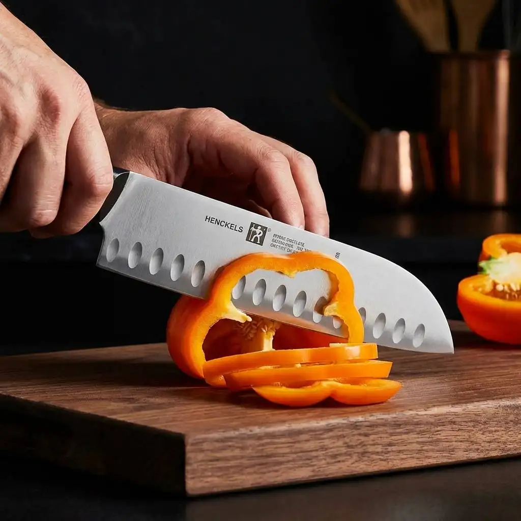 Henckels Forged Contour Santoku knife slicing a vibrant orange bell pepper on a dark walnut cutting board, highlighting its sharp granton edge and satin finish.