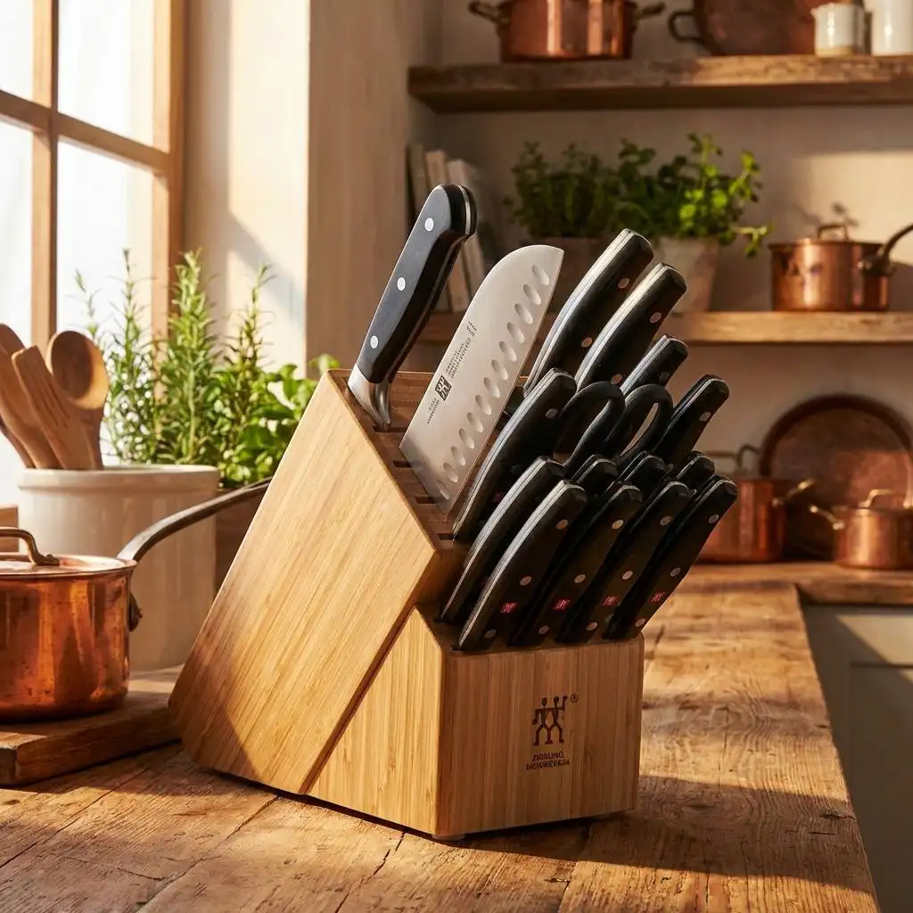 Chef's knife, santoku, and six steak knives displayed in a rustic wooden block within a sunlit kitchen.