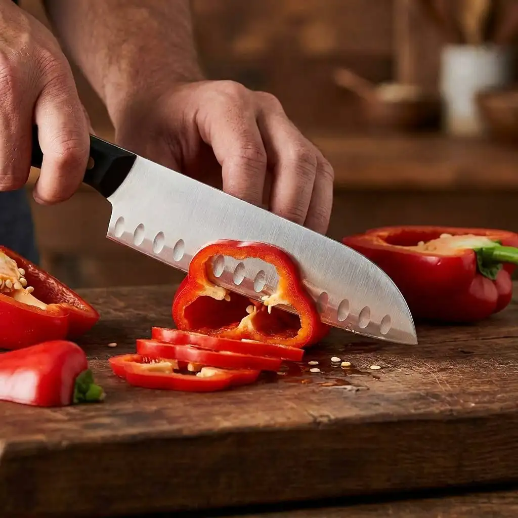 Reflective satin finish Santoku knife with a thin stamped blade slicing red bell peppers on a rustic wooden cutting board.