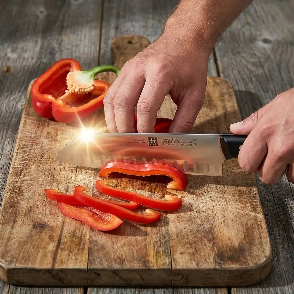 Sharp chef's knife slicing a red bell pepper on a rustic wooden cutting board with light reflecting off the blade.