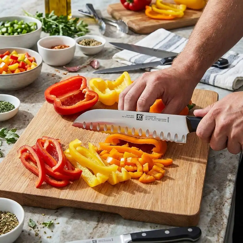 Vibrant bell pepper slices on a wooden cutting board amidst busy kitchen meal preparation.