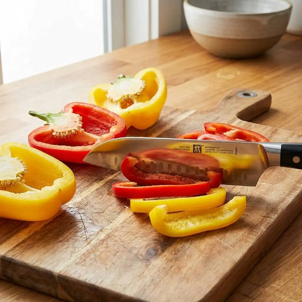 Reflective 8-inch chef's knife slicing bell peppers on a wooden cutting board.