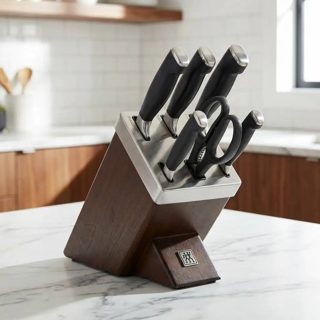 Premio kitchen knives in a dark wood block on a white marble counter, highlighting steel end caps and the etched Single Guy logo. Premio kitchen knives in a dark wood block on a white marble counter, highlighting steel end caps and the etched Single Guy logo.