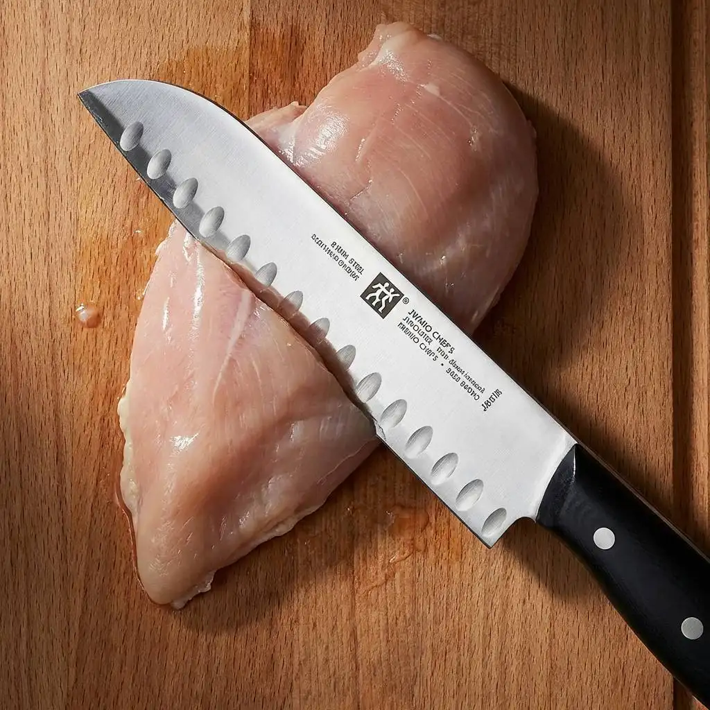8-inch Premio Chef's knife with a satin finish and black handle slicing a raw chicken breast on a wooden cutting board. 8-inch Premio Chef's knife with a satin finish and black handle slicing a raw chicken breast on a wooden cutting board.
