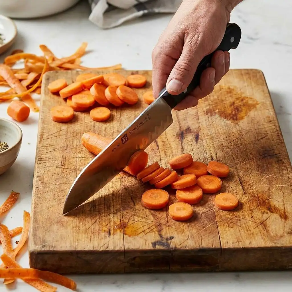 A hand uses a pinch grip on a Silvercap chef knife to chop carrots on a well-worn wooden board, showcasing the blade's thin spine.