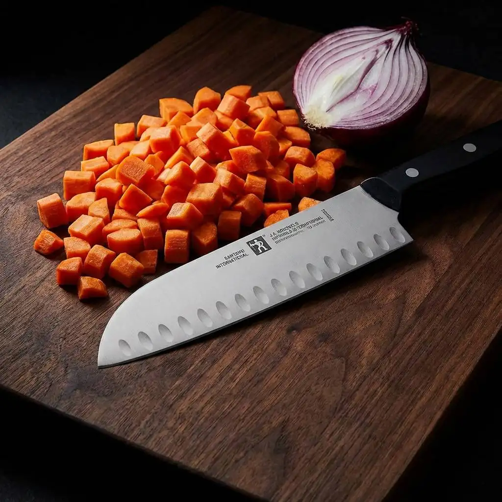 Vibrant diced carrots and a half-sliced onion on a dark wooden cutting board with moody, dramatic lighting.