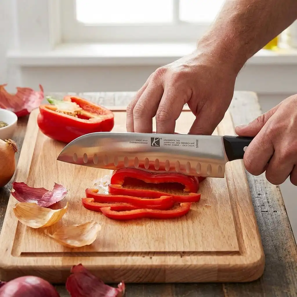 Sliced red bell peppers and onion skins on a wooden cutting board with a kitchen knife reflecting overhead light.