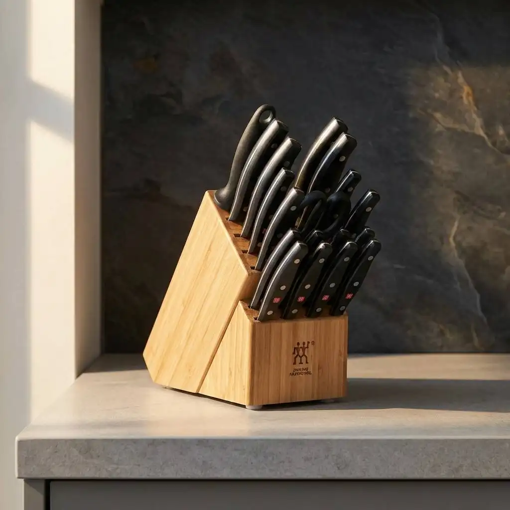 Minimalist kitchen counter with dark slate backsplash and soft afternoon light hitting the block. Minimalist kitchen counter with dark slate backsplash and soft afternoon light hitting the block.