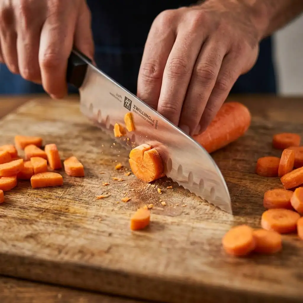 Sharp knife slicing through fresh carrots on a rustic wooden cutting board, capturing the motion and texture of the cut.