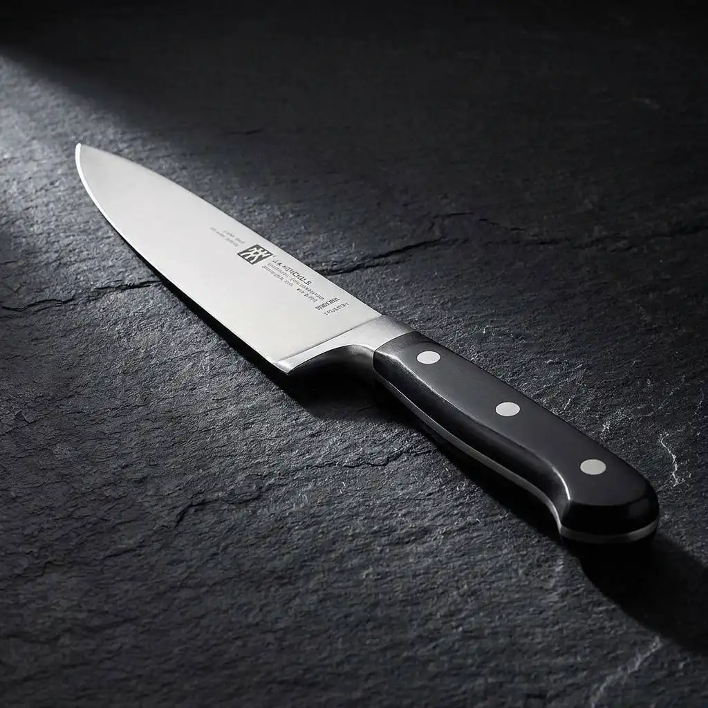 Directional lighting accentuates the sandblasted texture of a steel handle on a minimalist slate countertop. Directional lighting accentuates the sandblasted texture of a steel handle on a minimalist slate countertop.