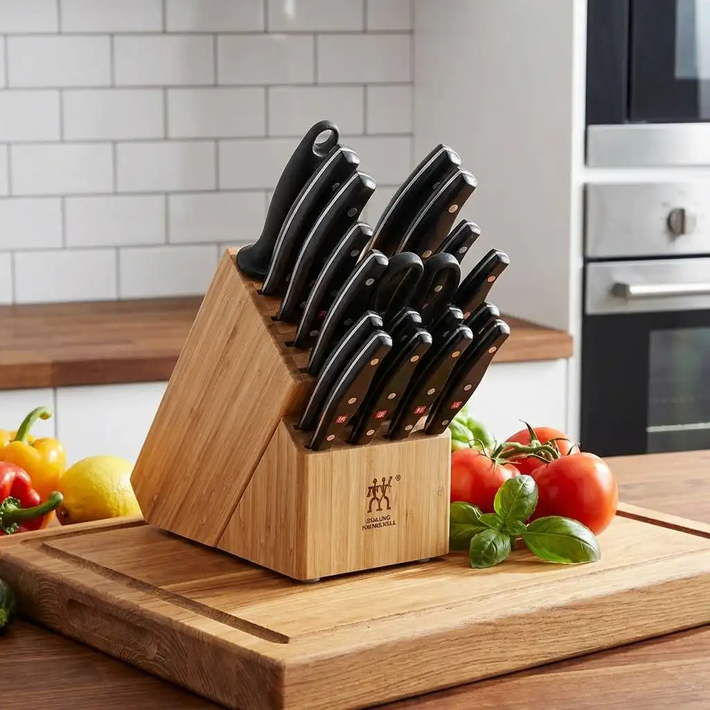 Modern kitchen with white subway tile backsplash featuring a knife block on a wooden cutting board near fresh produce. Modern kitchen with white subway tile backsplash featuring a knife block on a wooden cutting board near fresh produce.