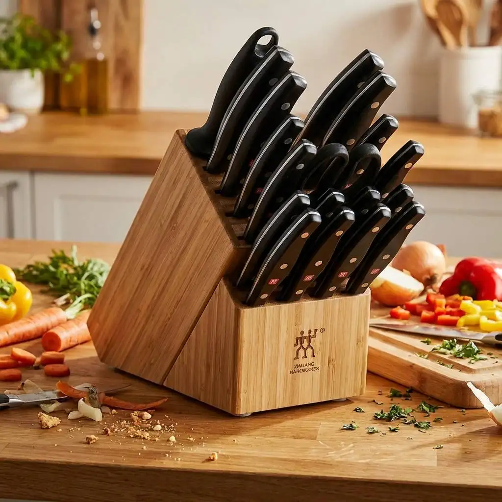 Full 20-piece knife block set featuring a row of steak knives on a kitchen island with fresh cut vegetables. Full 20-piece knife block set featuring a row of steak knives on a kitchen island with fresh cut vegetables.