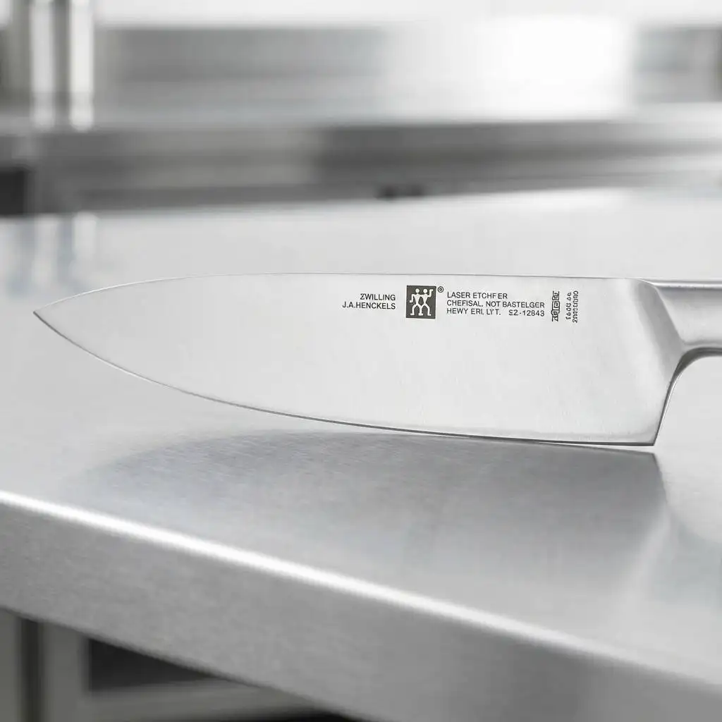 Laser-etched logo on a professional knife blade resting on a bright, stainless steel kitchen counter. Laser-etched logo on a professional knife blade resting on a bright, stainless steel kitchen counter.