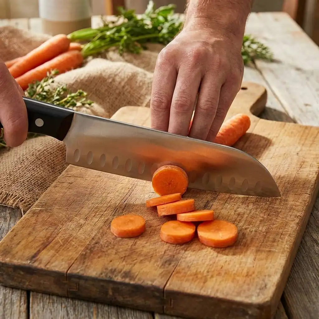 A thick-spined knife slices fresh carrots on a rustic wooden cutting board. A thick-spined knife slices fresh carrots on a rustic wooden cutting board.