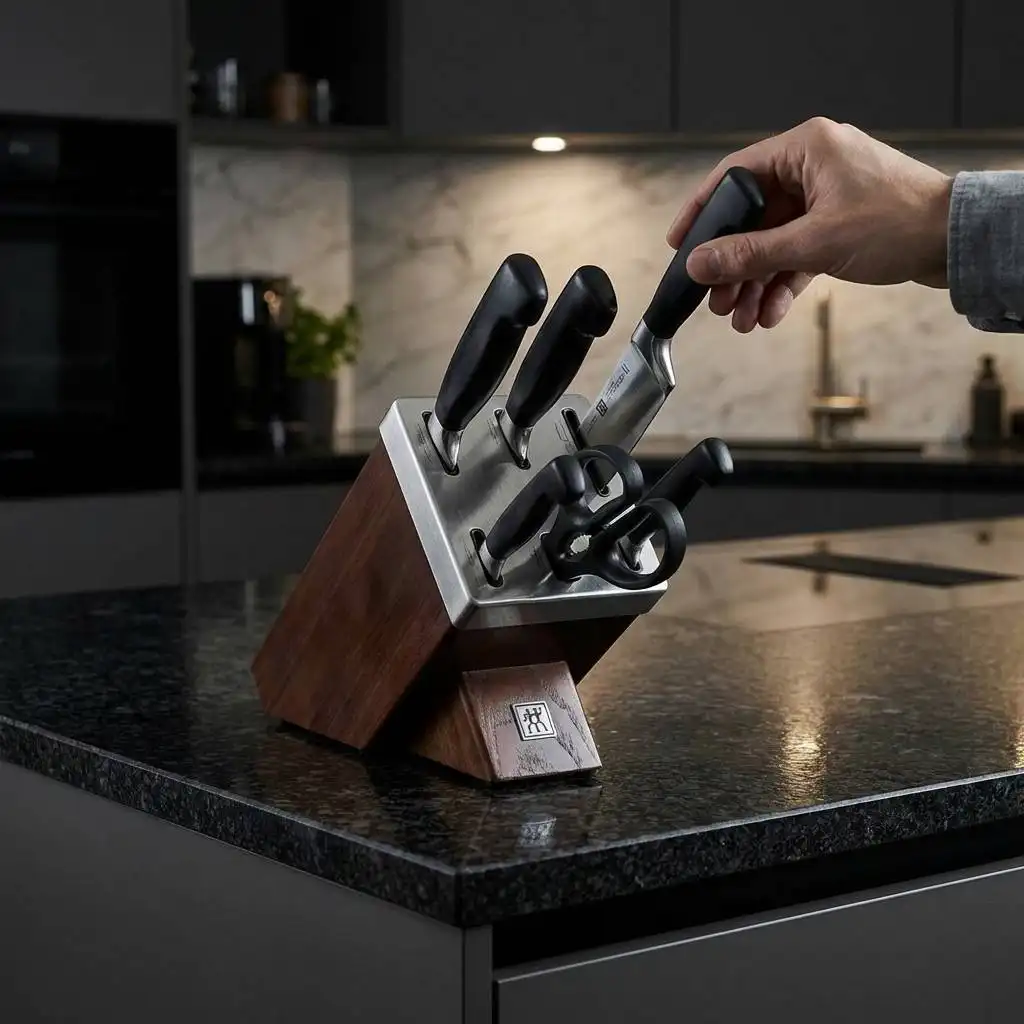 15-piece knife block set with a brushed steel faceplate on a dark granite kitchen island under moody lighting. 15-piece knife block set with a brushed steel faceplate on a dark granite kitchen island under moody lighting.