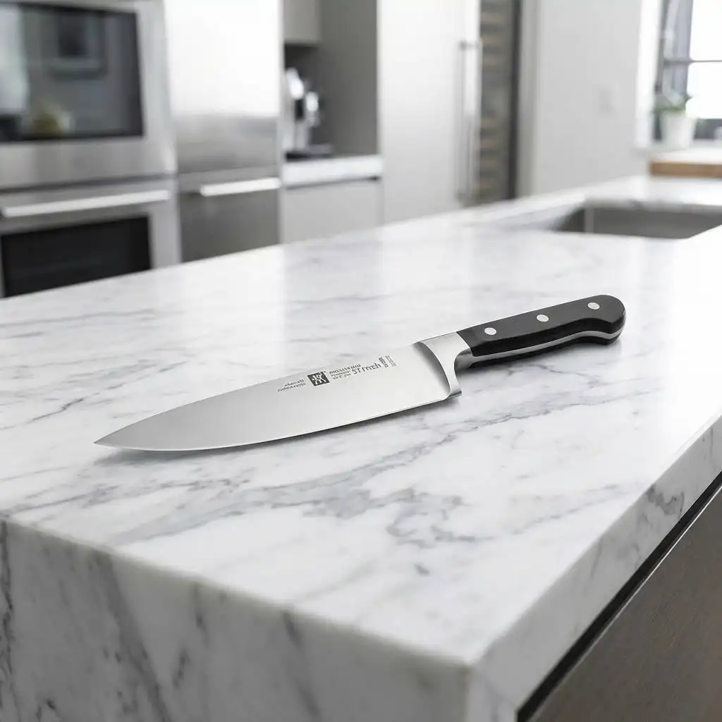 Zwilling Pro chef's knife on a white marble kitchen counter highlighting the curved bolster geometry and exposed heel. Zwilling Pro chef's knife on a white marble kitchen counter highlighting the curved bolster geometry and exposed heel.