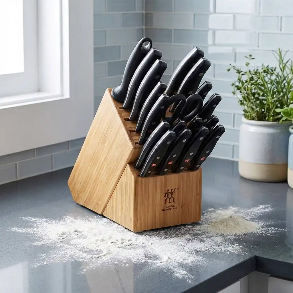 Modern kitchen corner featuring slate grey countertops, a wooden knife block with black handles, and a light dusting of flour.