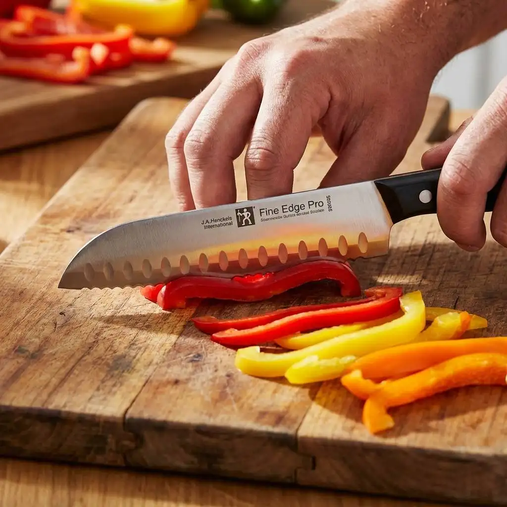 Hand using a pinch grip to slice bell peppers on a rustic wooden cutting board with a branded kitchen knife.