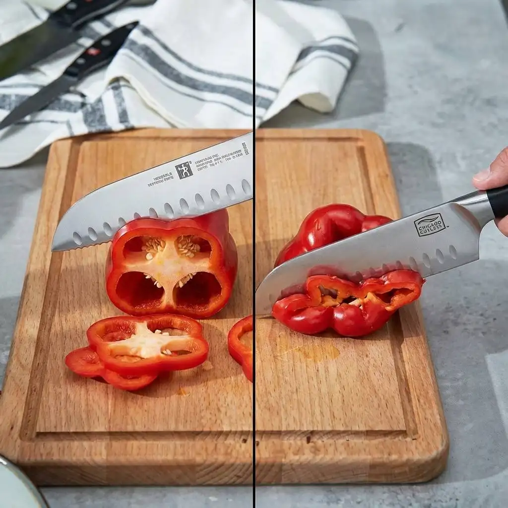 Comparison of a Henckels Santoku knife making a precise cut through a red bell pepper versus a Chicago Cutlery knife crushing the skin due to resistance.