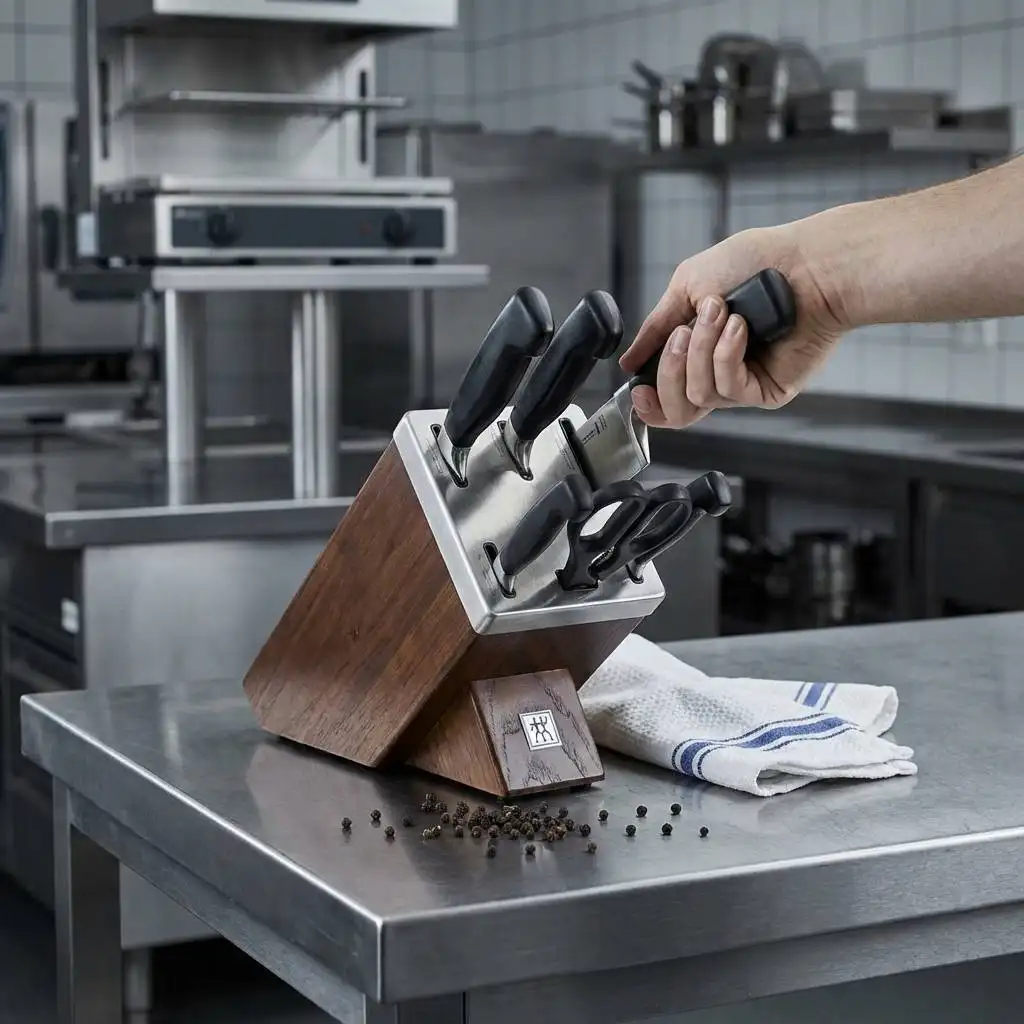 Commercial stainless steel prep table with scattered peppercorns and a folded side towel in an industrial kitchen setting. Commercial stainless steel prep table with scattered peppercorns and a folded side towel in an industrial kitchen setting.