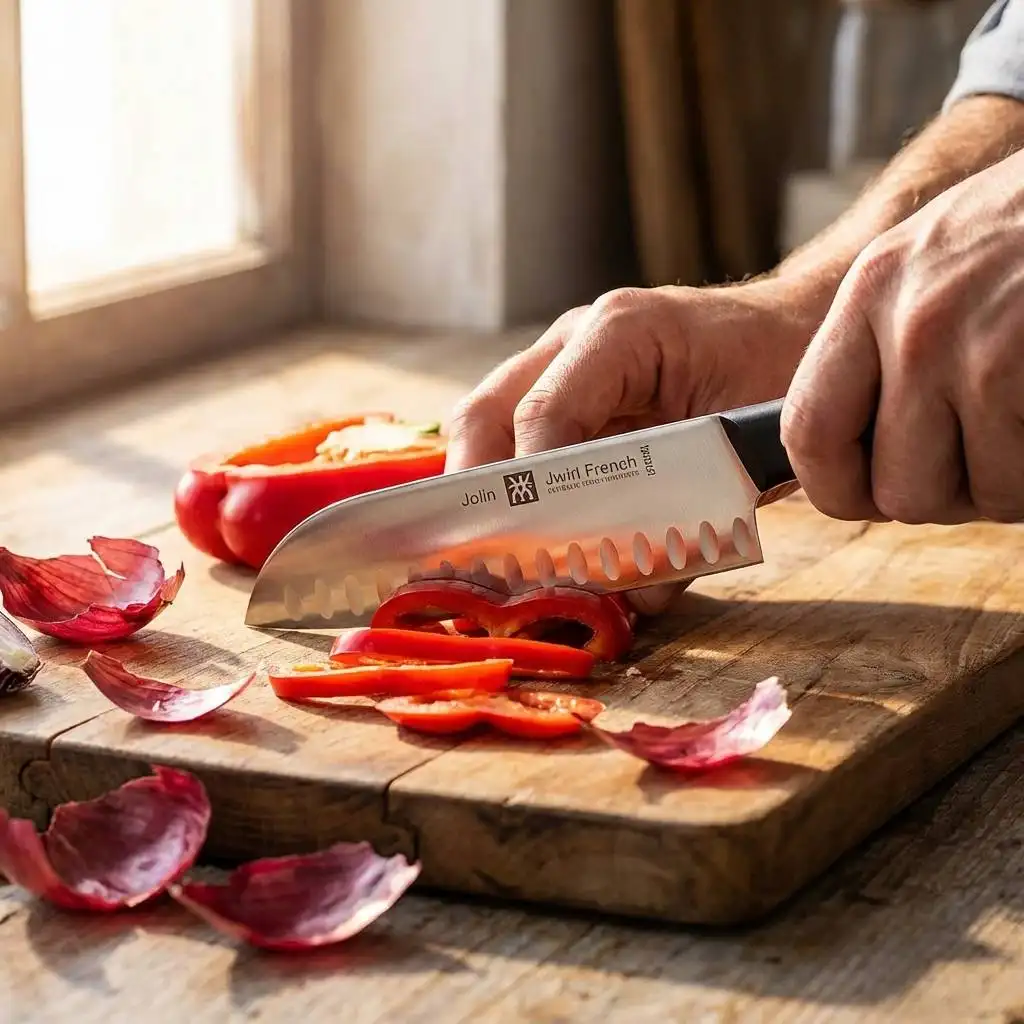Natural window light illuminates a knife slicing red peppers and onion skins on a rustic wooden cutting board. Natural window light illuminates a knife slicing red peppers and onion skins on a rustic wooden cutting board.