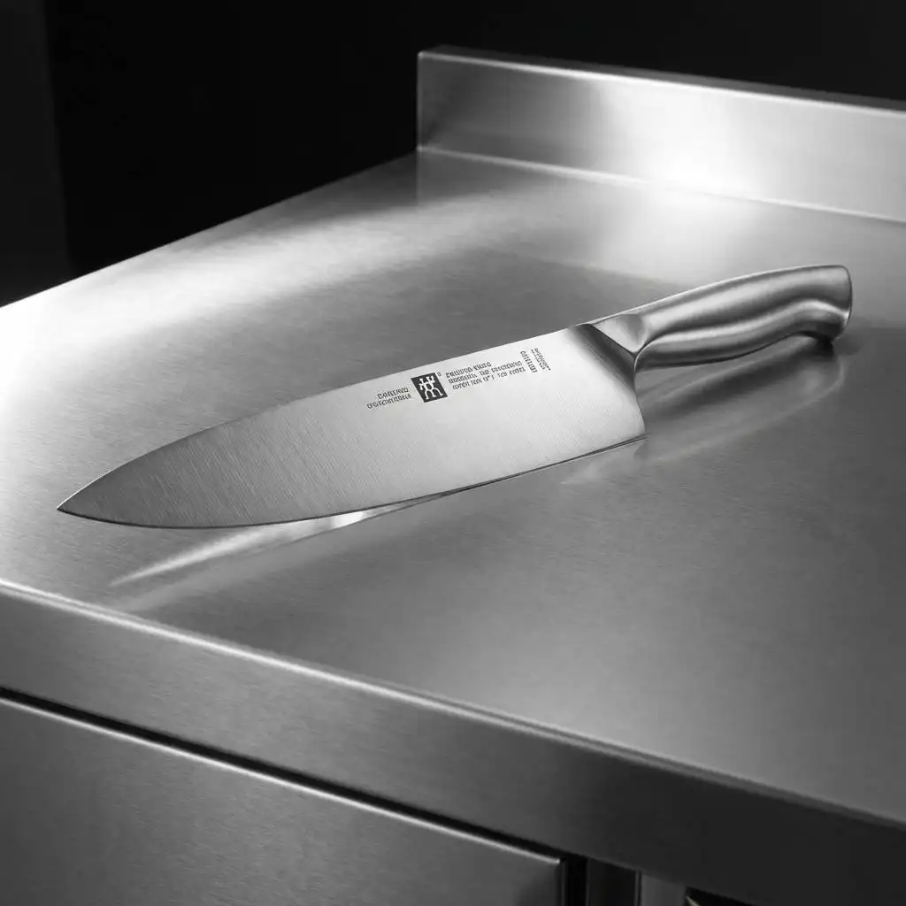 High-contrast stainless steel kitchen surface with an etched logo and detailed grain highlighted by dramatic side lighting. High-contrast stainless steel kitchen surface with an etched logo and detailed grain highlighted by dramatic side lighting.