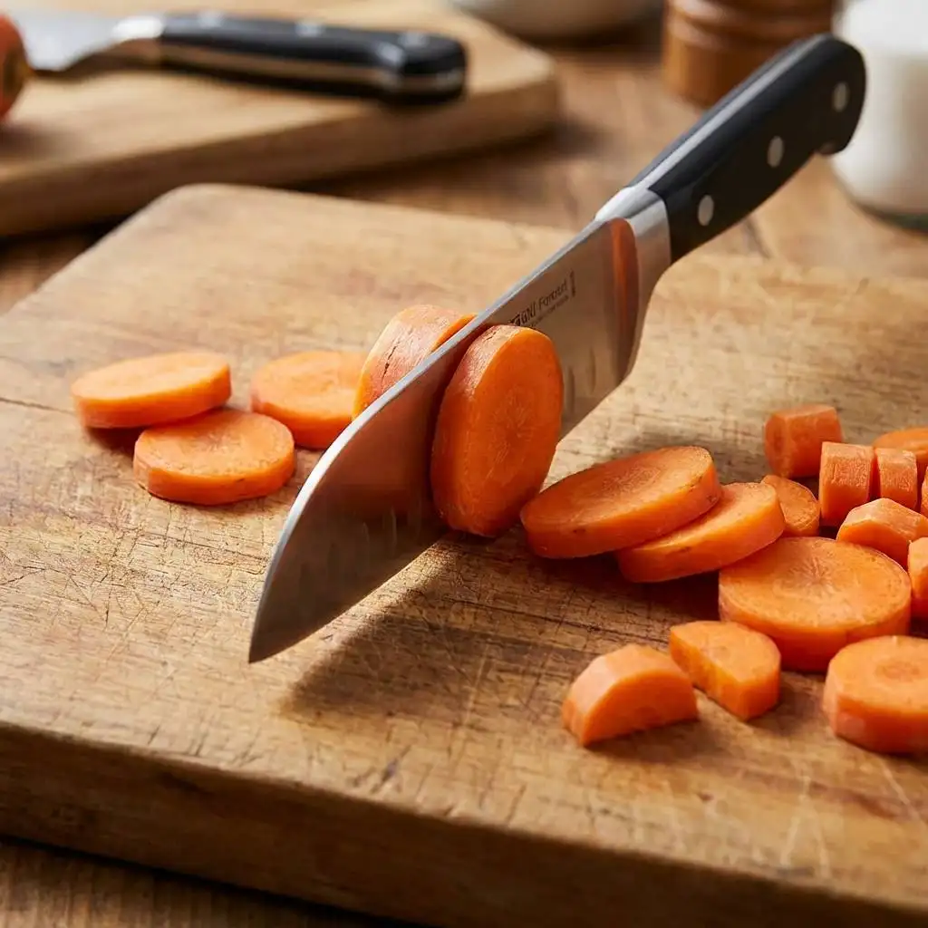 Scattered carrot rounds on a rustic wooden cutting board with a thick-spined knife captured in mid-motion. Scattered carrot rounds on a rustic wooden cutting board with a thick-spined knife captured in mid-motion.