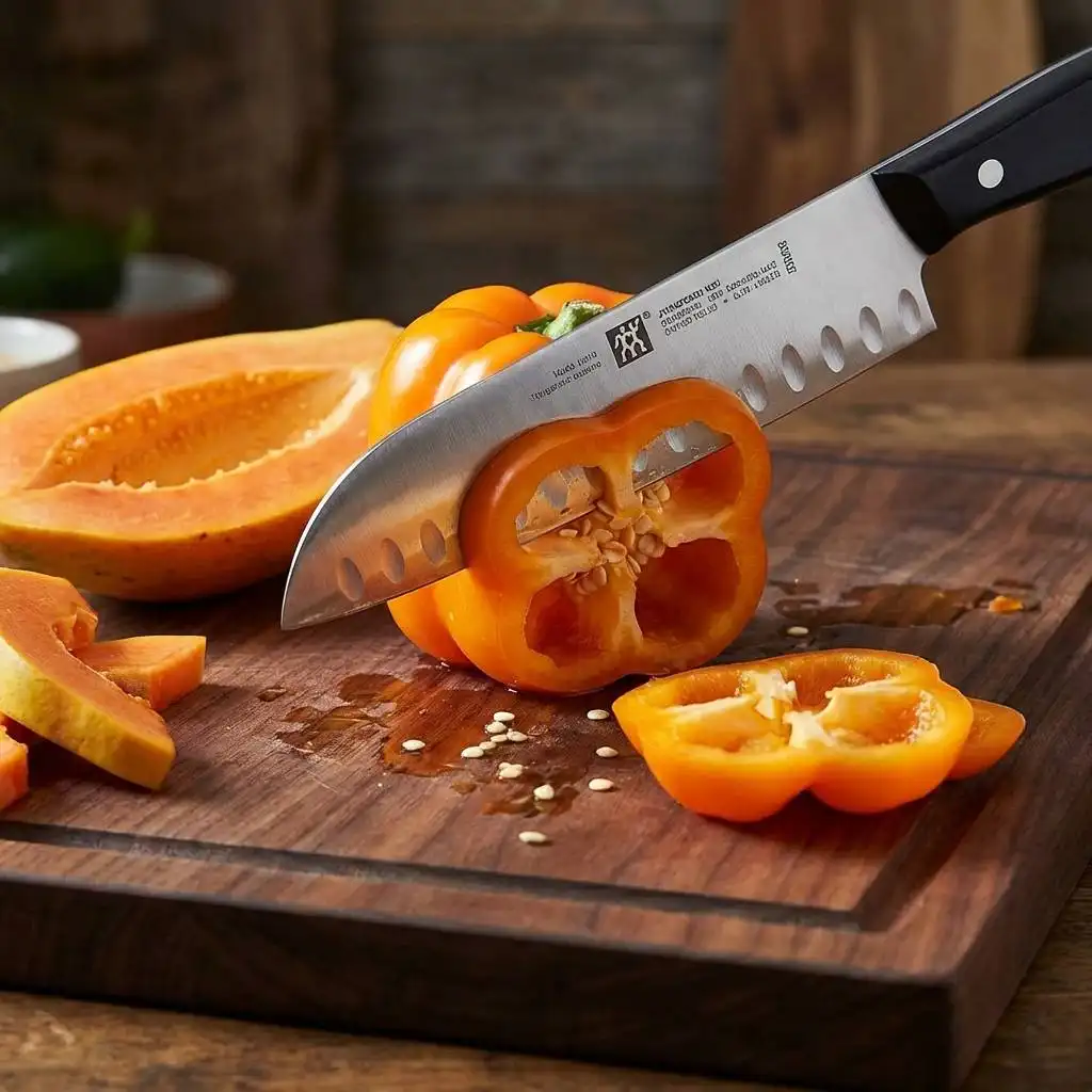 Santoku knife with a granton edge slicing a vibrant orange bell pepper on a dark walnut cutting board.