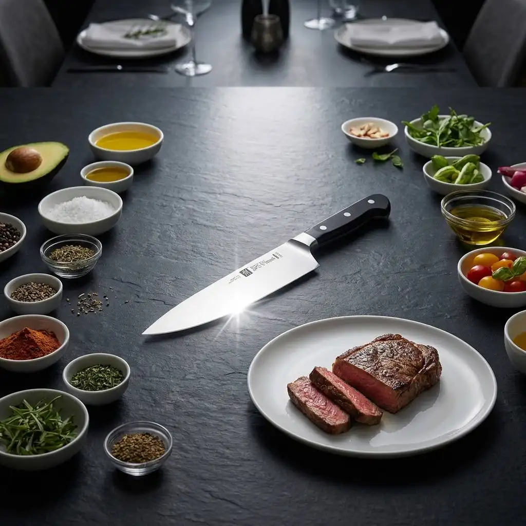 Polished chrome knife catching the light on a dark slate dining table with a 12-piece cutlery set and a cooked steak on a white plate. Polished chrome knife catching the light on a dark slate dining table with a 12-piece cutlery set and a cooked steak on a white plate.