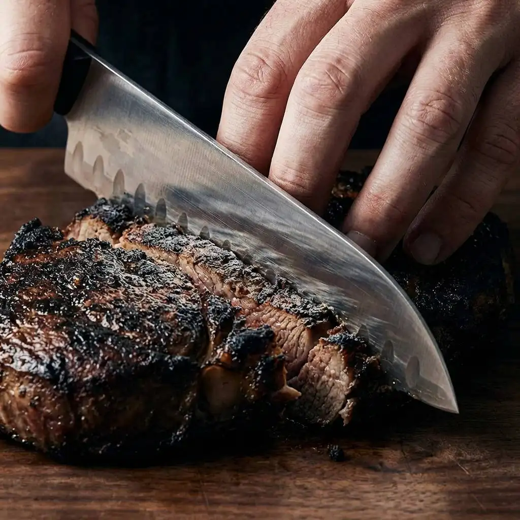 Hand applying pressure to a silver serrated knife cutting into a charred steak on a wooden board under moody lighting. Hand applying pressure to a silver serrated knife cutting into a charred steak on a wooden board under moody lighting.