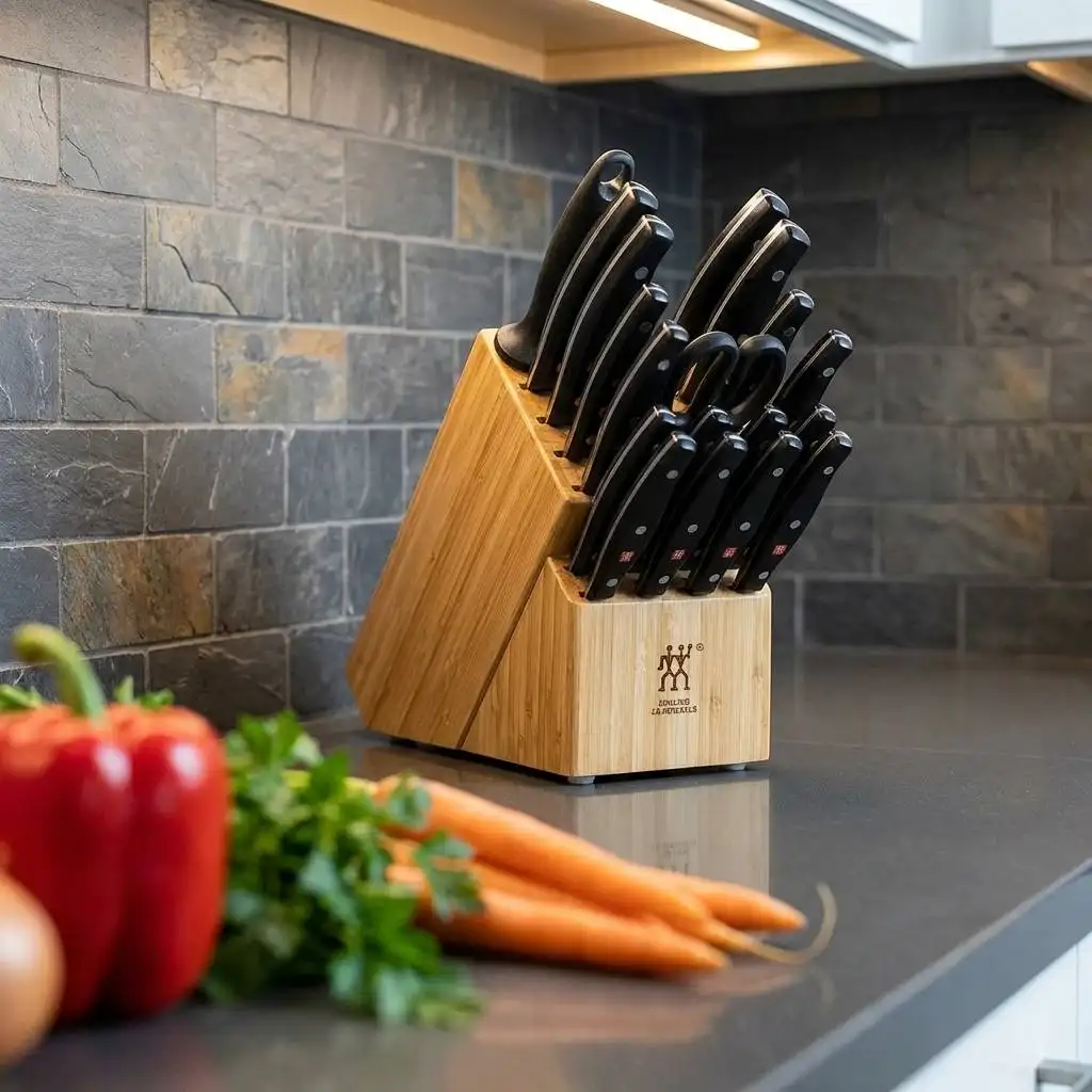 Light wood knife block with contrasting black handles on a modern kitchen counter featuring a slate backsplash and blurred fresh vegetables.