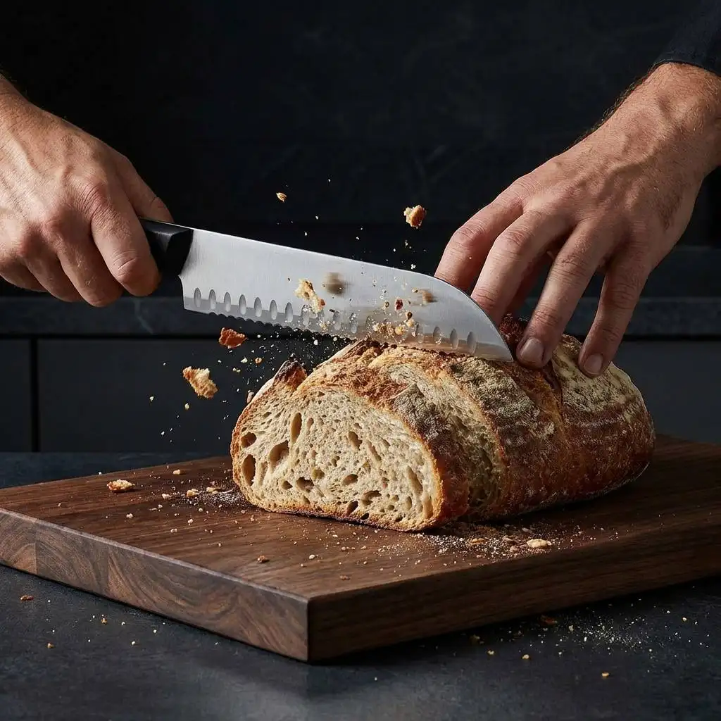 Chef slicing a crusty sourdough loaf on a dark walnut board with crumbs flying.