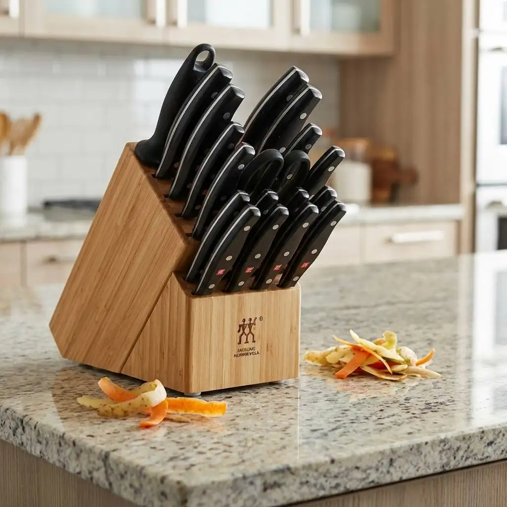 Modern knife block on a granite countertop in a bright kitchen during food preparation. Modern knife block on a granite countertop in a bright kitchen during food preparation.