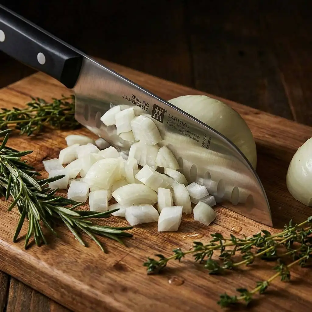 Moody lighting highlights the texture of a half-diced onion, fresh herbs, and steel on a rustic wooden cutting board. Moody lighting highlights the texture of a half-diced onion, fresh herbs, and steel on a rustic wooden cutting board.