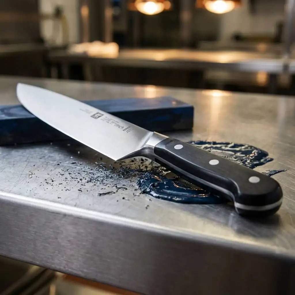 Professional chef's knife with a black handle and full bolster resting on a stainless steel prep table among dark blue sharpening stone shavings. Professional chef's knife with a black handle and full bolster resting on a stainless steel prep table among dark blue sharpening stone shavings.