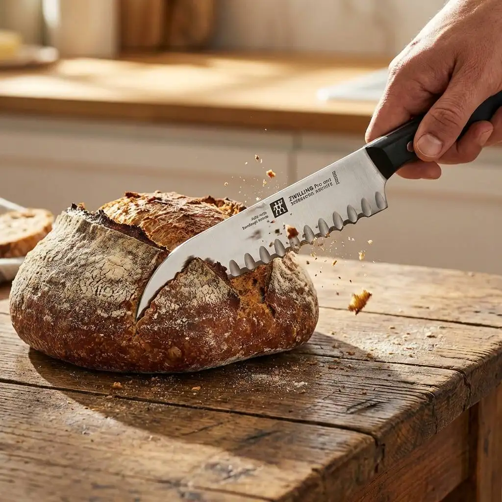 Serrated utility knife slicing through a crusty artisanal sourdough loaf on a sunlit rustic wooden table with flying crumbs. Serrated utility knife slicing through a crusty artisanal sourdough loaf on a sunlit rustic wooden table with flying crumbs.
