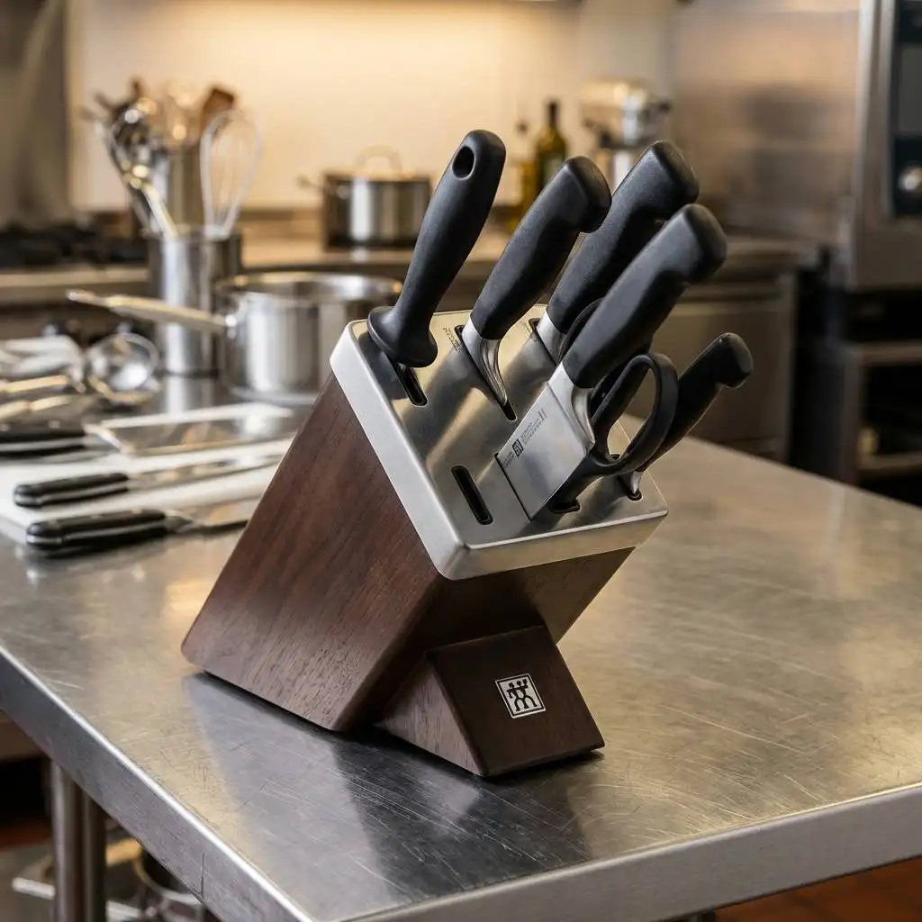 Pro series knives and a honing steel in a dark walnut block on a professional stainless steel kitchen prep table. Pro series knives and a honing steel in a dark walnut block on a professional stainless steel kitchen prep table.