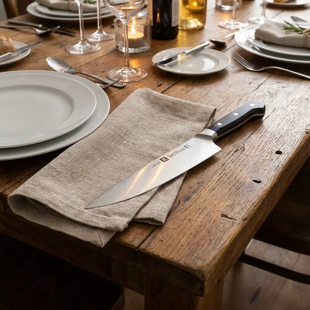 Nottingham dinner knife with a reflective blade and classic handle resting on a linen napkin atop a wooden table.
